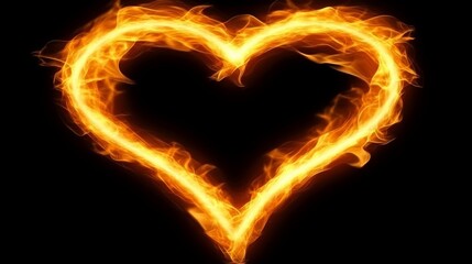 Fototapeta premium Burning Heart of Fire. Isolated On Black Background, Flame Heart Shape, Bright Fire Burning A Heart.