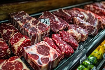 Close-up of premium raw red meat cuts in a supermarket, featuring ribeye, sirloin, and brisket with intricate marbling and vibrant red tones under soft reflections from the glass display case.