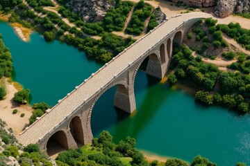 Fototapeta premium 3D model of an old stone bridge, spanning across a virtual river