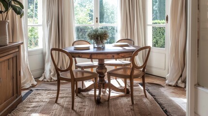 A cozy corner dining area with an antique round table a woven area rug and linen curtains giving a warm and inviting touch to the room.