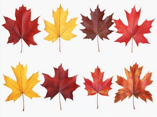 Fototapeta premium A collection of colorful autumn maple leaves on a white background.