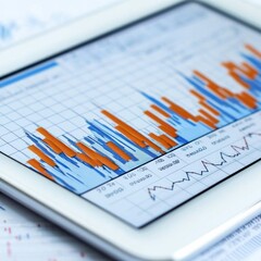 A close-up view of a tablet displaying colorful graphs and charts, representing financial data and analytics for business insights.