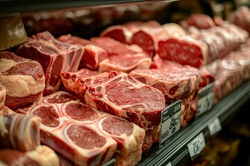 Close-up of premium raw red meat cuts in a supermarket, featuring ribeye, sirloin, and brisket with intricate marbling and vibrant red tones under soft reflections from the glass display case.