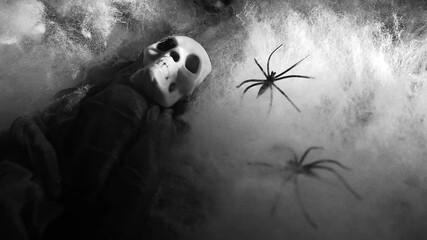 Haunting Halloween setting, a skull skeleton lies among eerie cobwebs, with dark spiders weaving stealthily around. Atmosphere is filled with frightful allure. Theme of horror, mysticism and oblivion