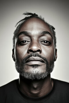 The intense portrait of a serious man with braided hair and beard showcases a focused gaze, emphasizing strength and determination with a neutral background for impact.