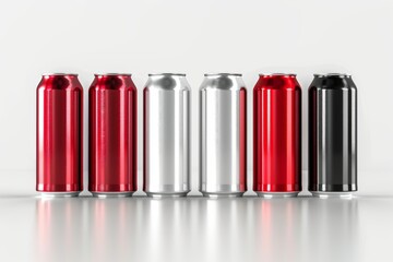 3D render of aluminum slim cans in silver, white, black, and red, on an isolated white background, showcasing a beer can mockup template