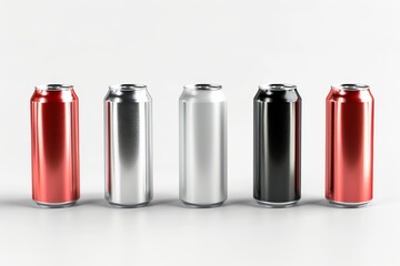 3D render of aluminum slim cans in silver, white, black, and red, on an isolated white background, showcasing a beer can mockup template