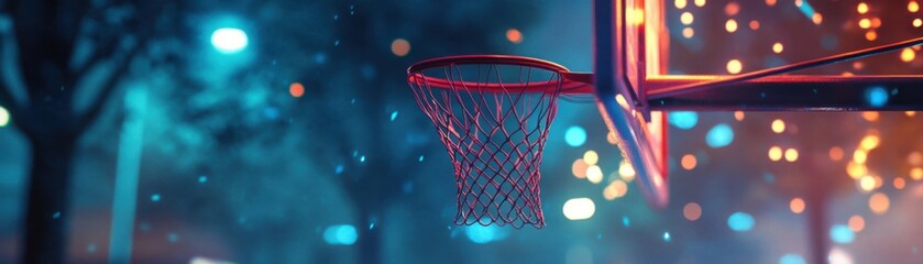 Basketball hoop with vibrant lighting, dynamic energy, cozy outdoor setup.