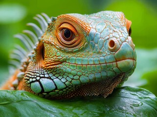 Fototapeta premium The Orange Iguana (also known as the Common Iguana or American Iguana) in close up