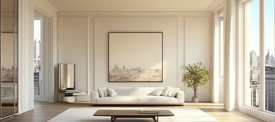 Modern, Minimalist Living Room Interior with City View, Large Windows, and Elegant Furniture