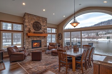 Fototapeta premium Cozy waterfront living room with a fireplace and stunning lake view during winter in a modern home. Generative AI