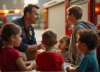 Firefighter teaching fire safety to a diverse group of children