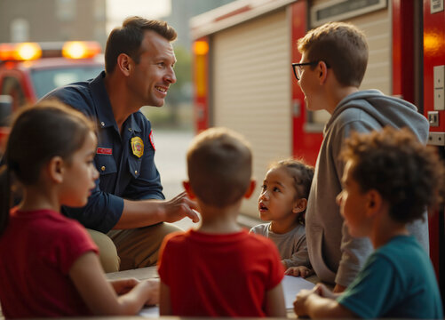 Firefighter teaching fire safety to a diverse group of children - Powered by Adobe