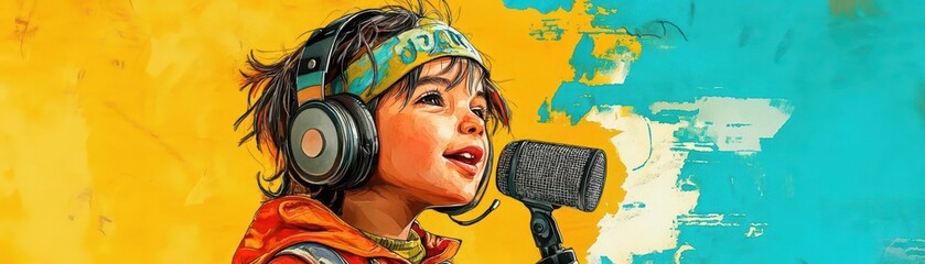 A joyful child sings into a microphone, wearing headphones against a vibrant colorful backdrop that inspires creativity.