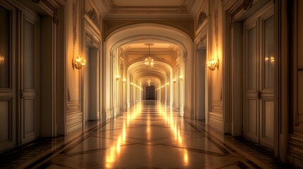 Fototapeta premium 47. An elegant empty hallway with decorative molding and soft lighting