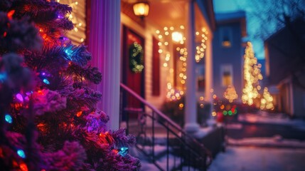 Christmas caroling with vibrant lighting, cozy neighborhood setup, soft glow