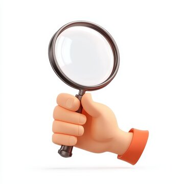 recommend clip art: Search icon. Cartoon character holding big magnifying glass lens. Business of science clip art isolated on white.