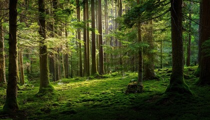 Fototapeta premium Serene Forest Landscape with Moss Covered Ground and Tall Pine Trees in Misty Atmosphere. Nature's Tranquil Oasis for Mindful Escapes, Backgrounds, or Eco Themed Projects
