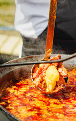 Traditional Hungarian Goulash: Hearty Soup with Meat and Vegetables at a Vibrant Street Food Festival