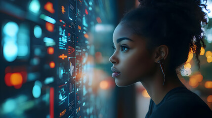 A young woman gazes intently at a digital interface.