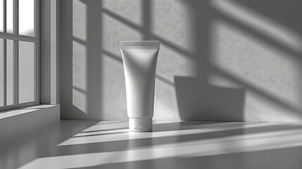 A sleek white prototype of a tube-type cream product placed on a clean surface, showcasing a minimalist design with an ergonomic cap