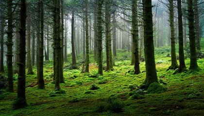 Serene Forest Landscape with Moss Covered Ground and Tall Pine Trees in Misty Atmosphere. Nature's Tranquil Oasis for Mindful Escapes, Backgrounds, or Eco Themed Projects