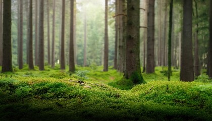 Serene Forest Landscape with Moss Covered Ground and Tall Pine Trees in Misty Atmosphere. Nature's Tranquil Oasis for Mindful Escapes, Backgrounds, or Eco Themed Projects