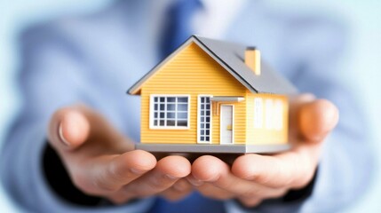 A professional presenting a model house, symbolizing real estate, ownership, and the housing market.