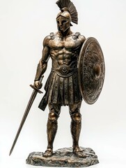 Fototapeta premium A striking statue of a tall ancient Greek warrior, proudly standing with a sword and shield, showcasing strength and historical significance in a captivating pose, isolated on white background