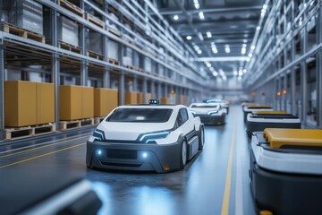 Autonomous vehicles transporting goods within an industrial facility, showing the future of automated logistics, autonomous industrial transport, next-gen industrial mobility