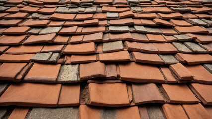 Traditional terracotta roof tiles with unique shape, creating an intricate pattern and earthy appeal.
