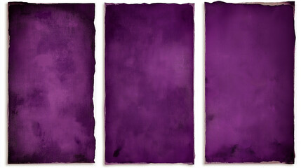 Set of three art posters with blank old vintage purple scratched torn poster isolated white background.