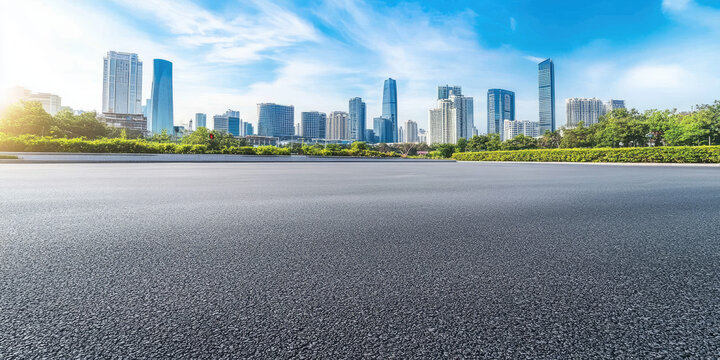 Empty asphalt road with cityscape in background.