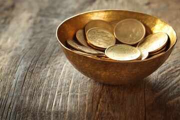 A golden bowl with elegant tokens on a rustic wooden table, perfect for decorative or culinary presentations.