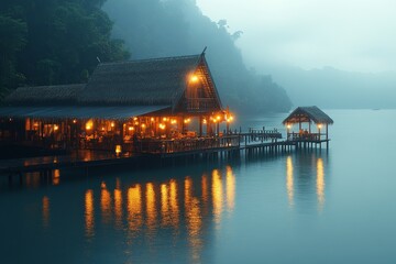 Obraz premium This seafood restaurant is designed on stilts, providing a unique dining experience over the water