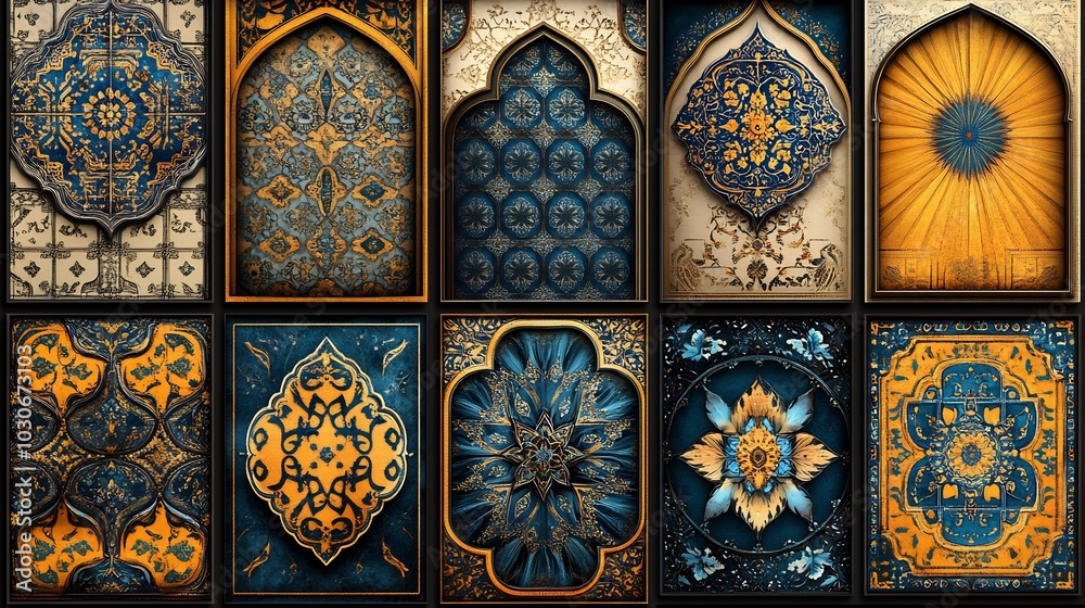 Poster rich array of distinct vector ornamental patterns showcasing complex geometric shapes in an oriental