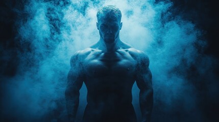 A bodybuilder shows off his muscles with a silhouette of a little light behind him in a minimalist empty area, there is a smoke effect that adds to the cool masculinity