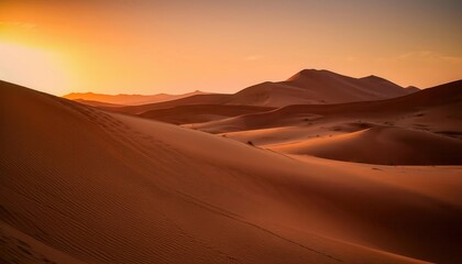 Fototapeta premium Golden Sunset Over Expansive Desert Dunes with Rippling Patterns and Distant Mountains in Silhouette. Perfect for Concepts of Solitude, Nature's Majesty, and Vast Wilderness