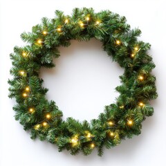 Illuminated green christmas wreath with lights on white background