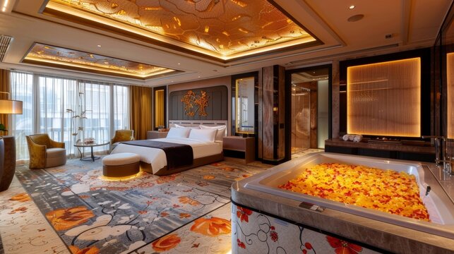 In the luxurious spa suites guests can enjoy a personalized pampering experience amidst plush velvet furnishings and intricate ceiling detailing.