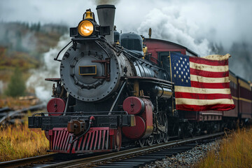Fototapeta premium Locomotive passenger train with usa America flag in the background