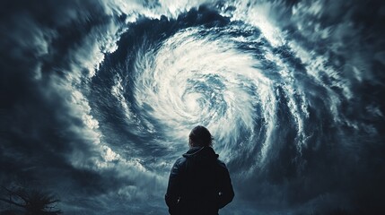 Obraz premium A person stands in front of a huge hurricane, facing the powerful forces of nature, with strong winds and swirling dark clouds above their head. Showcasing the primal power of natural disasters
