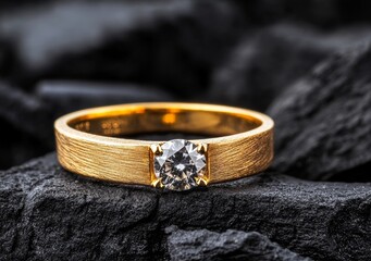 The ring has a big diamond set on a dark coal background, with a soft focus