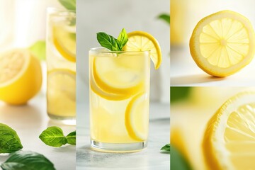 Refreshing lemon basil drink with lemon slices, closeup of lemon, mint leaves, bright setting