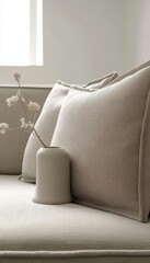 Neutral Cushions and a Vase on a Minimalist Sofa, Creating a Cozy Home Decor Arrangement.