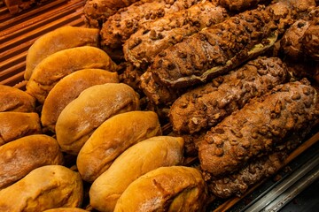Closeup of delicious loaves of chocolate bread on display
