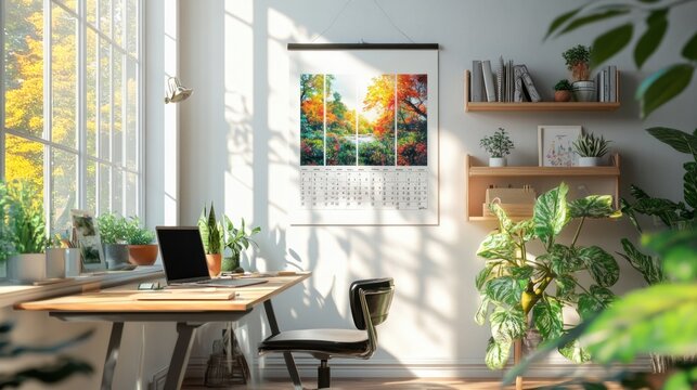 A modern home office with a calendar featuring autumnal scenery on the wall, a laptop, plants and a wooden desk.