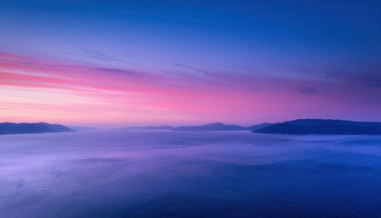 Fototapeta premium Dreamy Sunset Horizon with Soft Pastel Clouds Reflecting Over Calm Ocean Waters and a Solitary Island Silhouette in the Distance