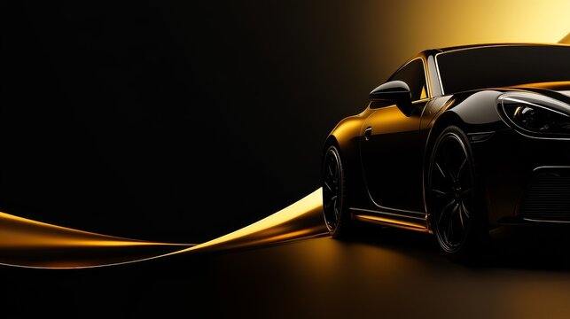 Elegant gold and black background, designed for the upcoming launch page of a premium car sales website, featuring a car cleverly concealed by an arc