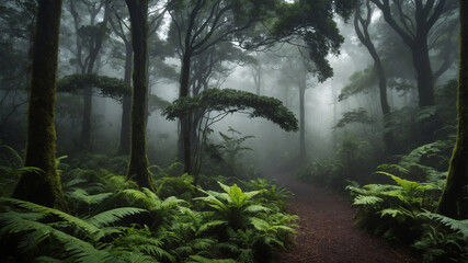 Obraz premium Misty rainforest landscape with lush greenery and rolling fog creating a serene, mystical atmosphere.